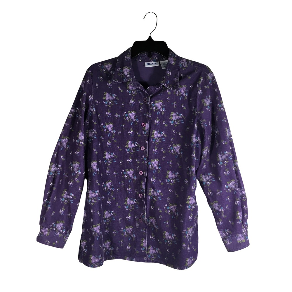 Blair Purple Floral‎ Corduroy Button Down Shirt Womens Medium Long Sleeve Cotton